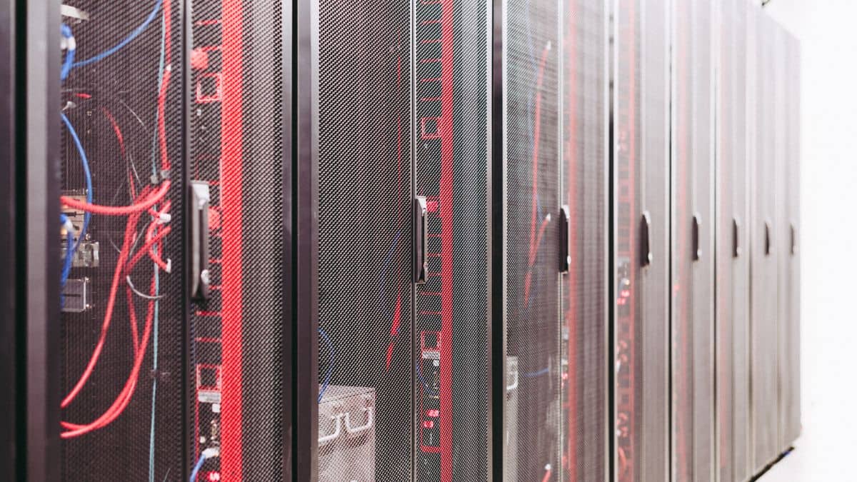 Server racks in a data center that the Domain Name System (DNS) connects names to